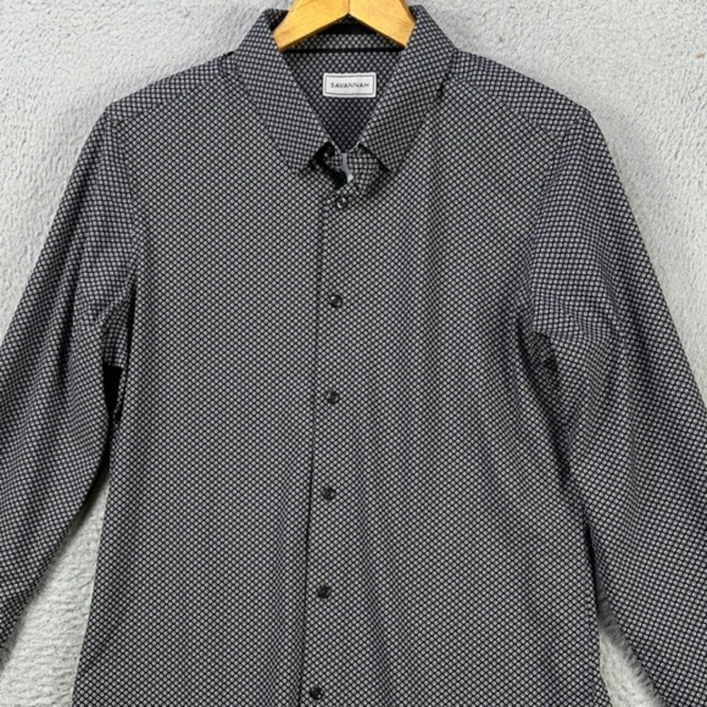 Savannah Mens Button Up Shirt Small Black Geometric Performance Poly Spandex NEW